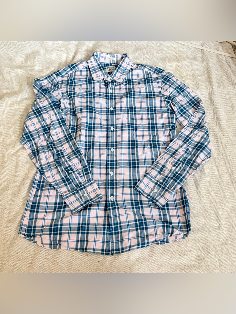 J.Crew Secret Wash Checkered pink/blue Buttoned Collar Size Small Slim NWOT